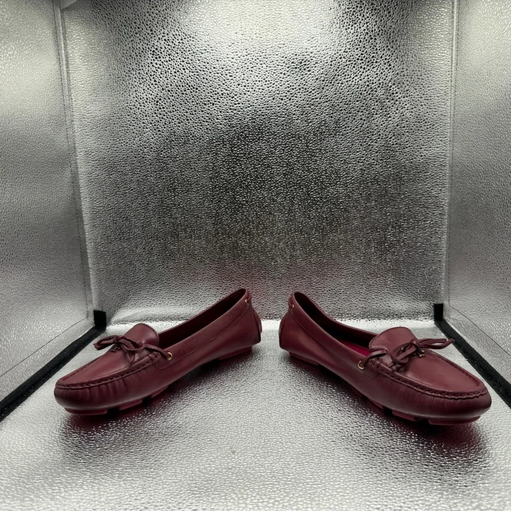 Size 8.5 Tory Burch Driving Loafers Womens Burgundy Excellent Leather Bow Logo